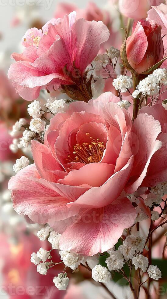 Beautiful pink roses and white flowers arranged elegantly for a spring celebration in a vibrant setting photo