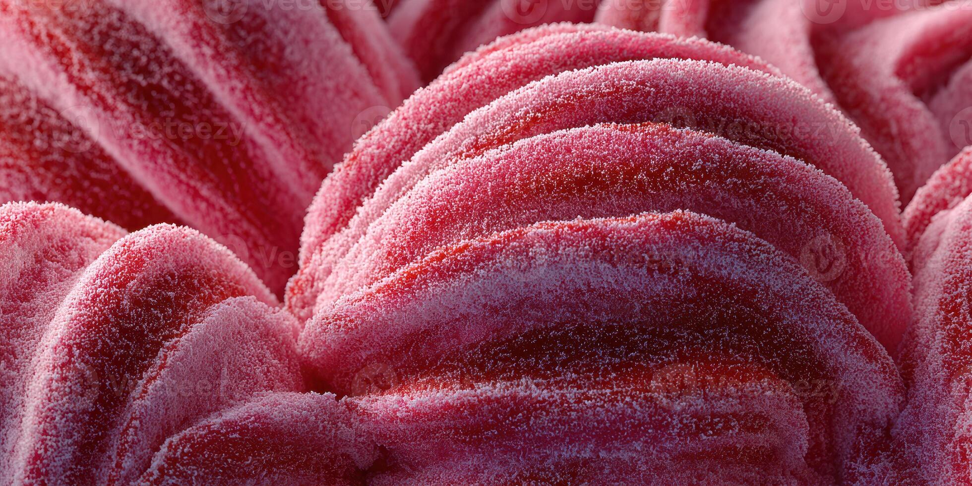 Textured close-up of vibrant raspberry sorbet showcasing intricate swirls and frozen granules in a dessert setting photo