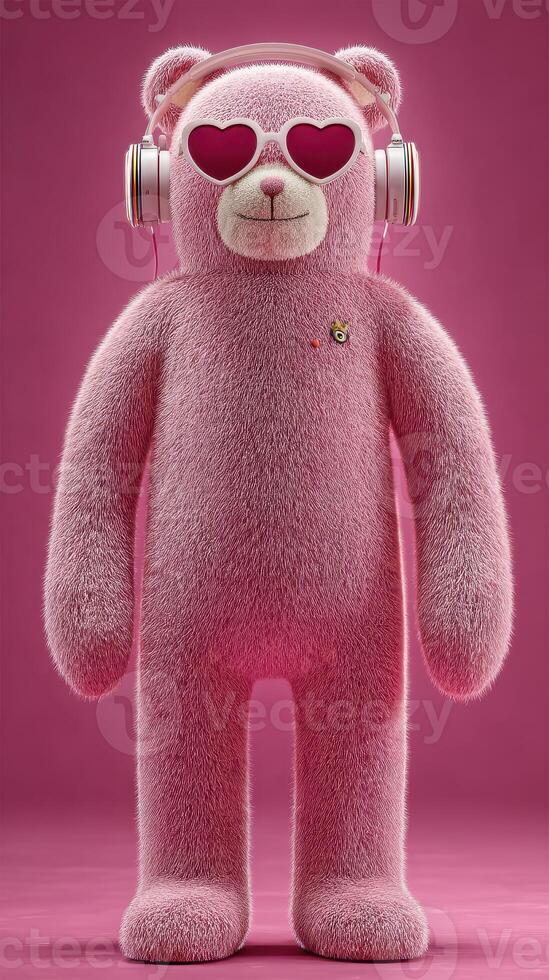 Cute pink teddy bear wearing heart-shaped sunglasses and headphones stands against a vibrant pink background photo