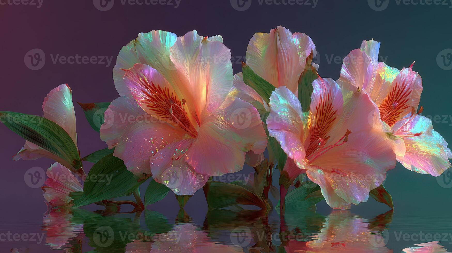 Beautiful hibiscus flowers with iridescent petals in a serene setting during twilight photo