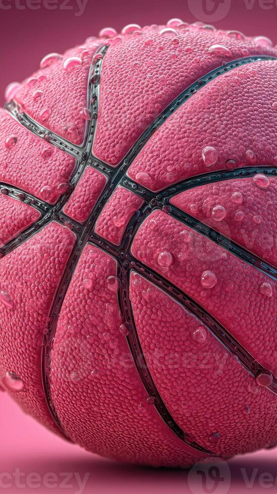 Close-up view of a textured pink basketball surrounded by water droplets on a vibrant pink background photo