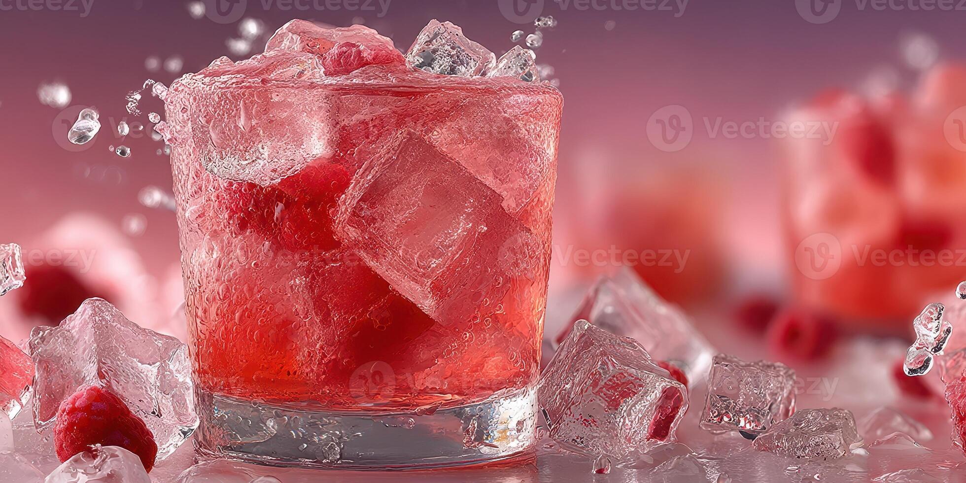 Refreshing raspberry drink with ice cubes creating a vibrant summer vibe in a glass photo
