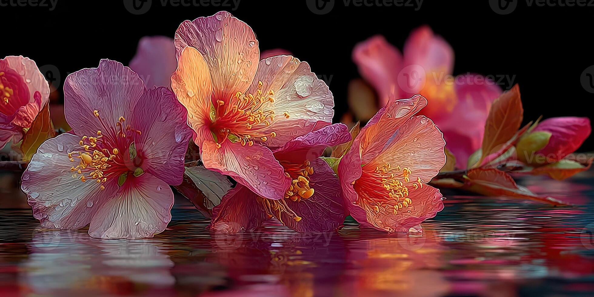 Colorful flowers floating on calm water surface at dusk creating a serene and peaceful atmosphere photo