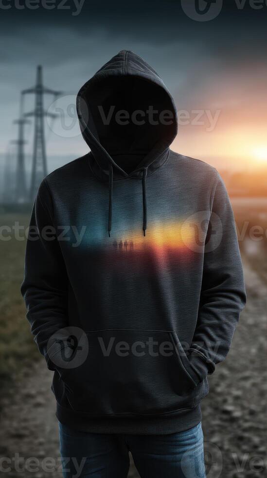 Hooded figure stands in a field during sunset with power lines in the background creating a moody atmosphere photo