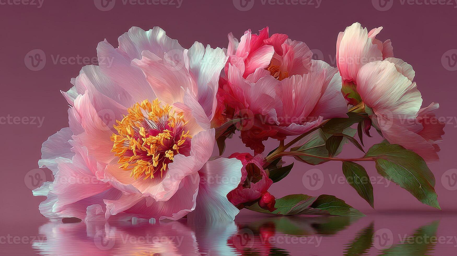 Beautiful peonies in soft hues reflecting in tranquil water with a gradient background photo