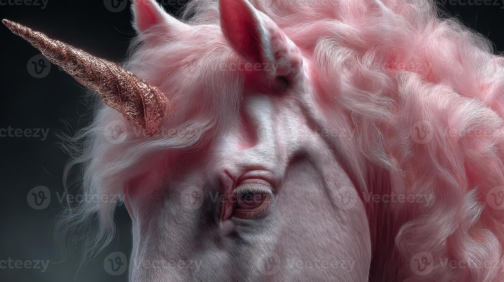 Majestic pink unicorn with a shimmering horn and fluffy mane in a mystical setting during twilight photo