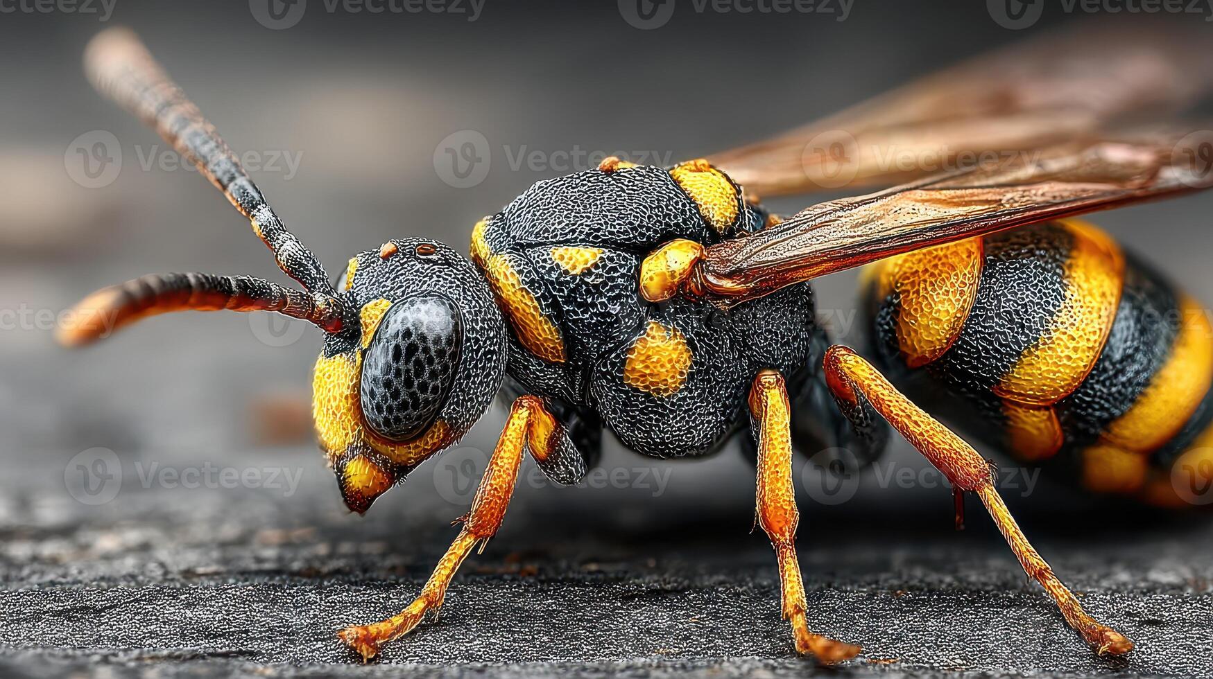 Close-up view of a vibrant yellow and black wasp on textured surface in natural light during daytime photo