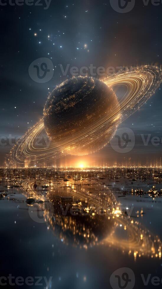 Majestic golden ringed planet reflected on serene water surface at twilight in a futuristic landscape photo