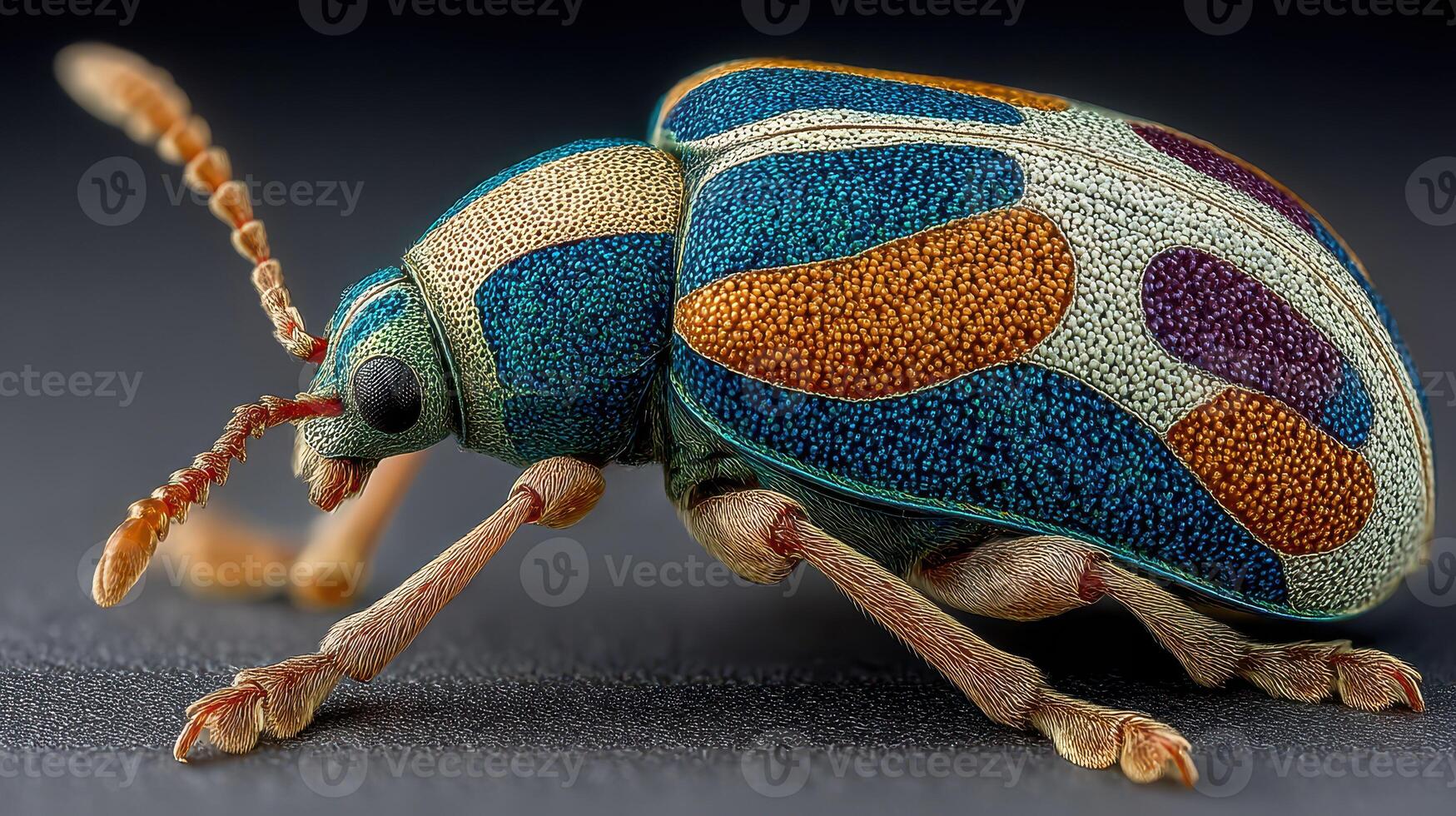 Colorful beetle with intricate patterns captured in close-up, showcasing its vibrant textures and details photo