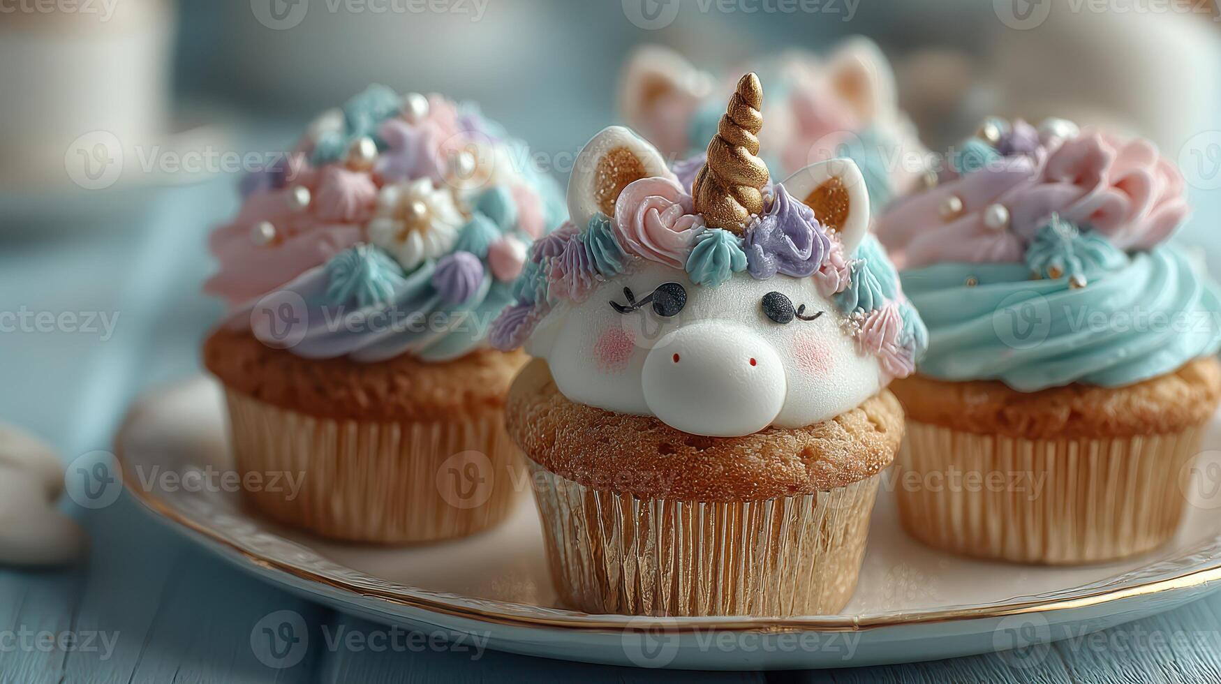 Delightful unicorn cupcakes topped with colorful frosting and decorations create a whimsical dessert display photo