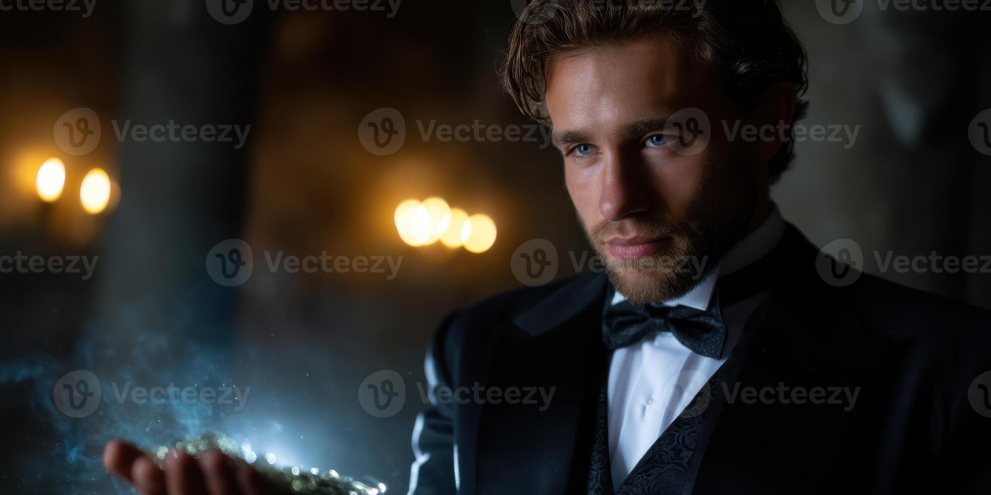 Elegant man performing magic in a dimly lit venue during an evening event with sparkling lights in the background photo