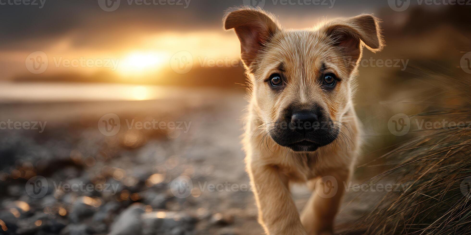 Puppy exploring the beach at sunset near the shoreline, enjoying the golden hour light and the sound of the waves photo