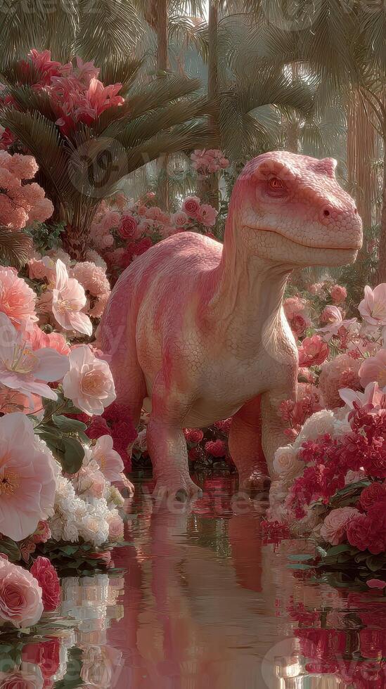 Vibrant dinosaur exploring a lush garden filled with colorful flowers during a sunny afternoon photo