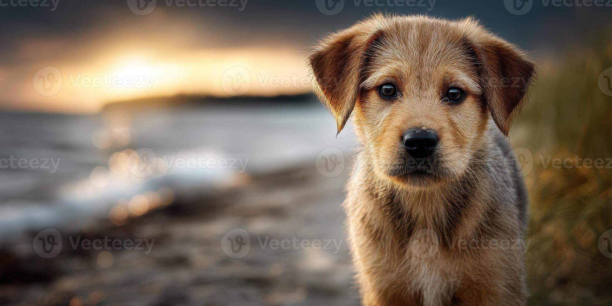 Cute puppy gazes curiously at the camera during sunset at the beach with waves softly lapping at the shore photo