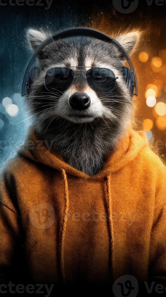 Raccoon wearing sunglasses and headphones, showcasing a cool urban style in a vibrant setting photo