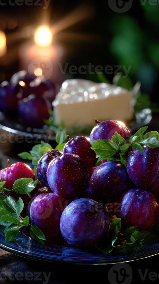 Plump purple plums surrounded by green leaves on a dark table with candles glowing softly in the background photo