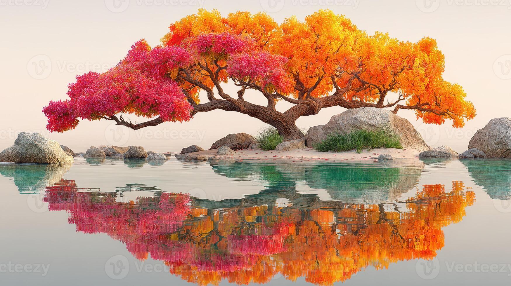 Vibrant autumn tree reflecting in calm waters during the golden hour at a serene lakeside location photo