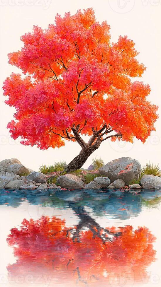 Vibrant autumn tree with bright orange leaves reflecting on calm water surface near rocky shore in serene setting photo