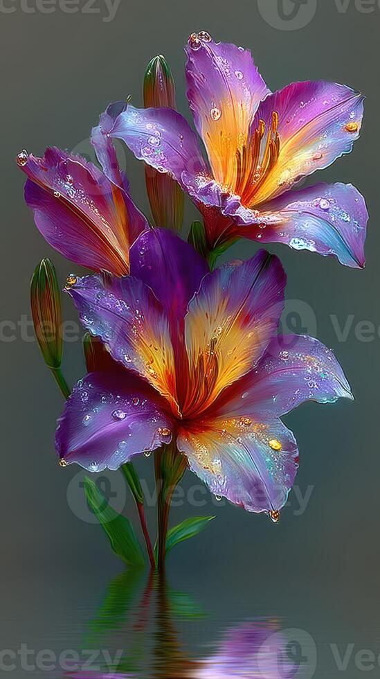 Vibrant purple lilies with dewdrops against a soft background displaying elegance and natural beauty photo