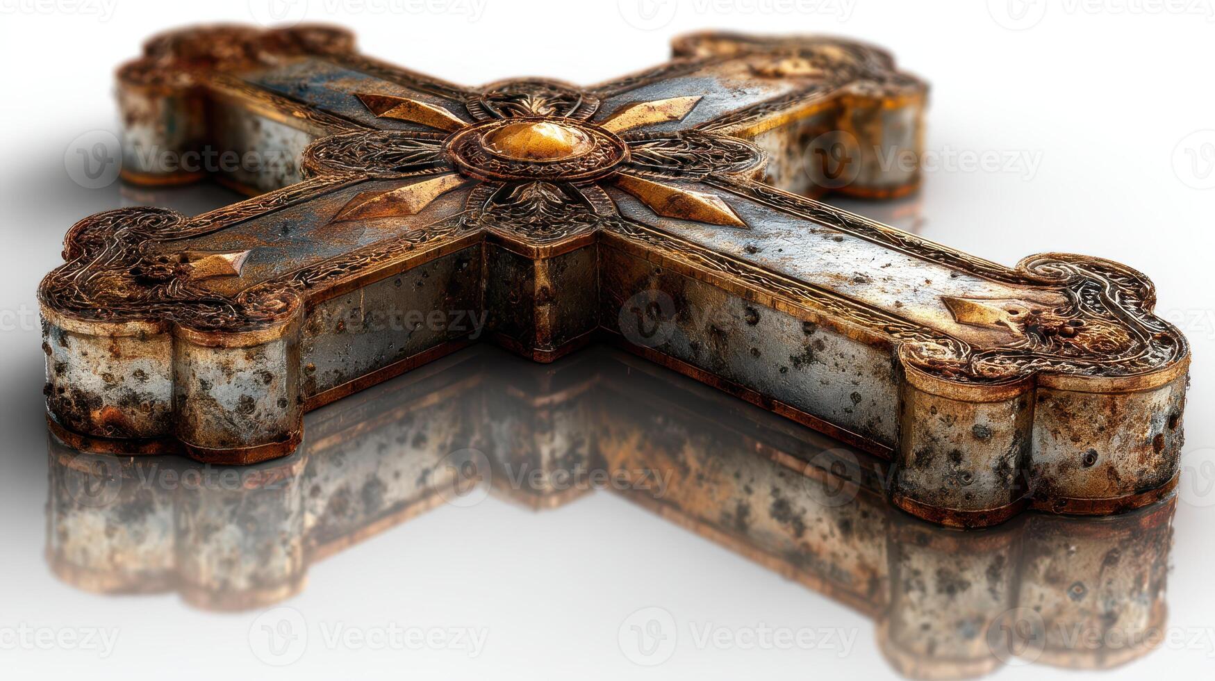 Intricate metallic cross with vintage design reflecting on a shiny surface photo