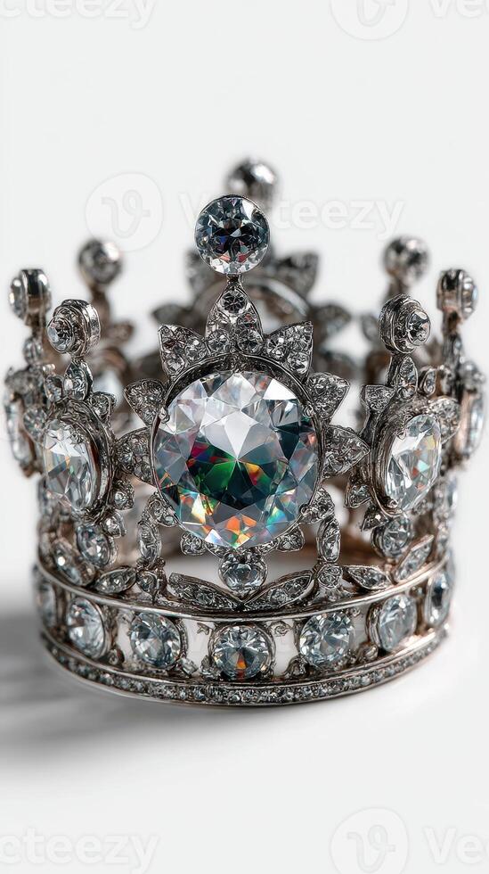 Sparkling crown adorned with large gemstones and intricate designs showcased on a light background photo