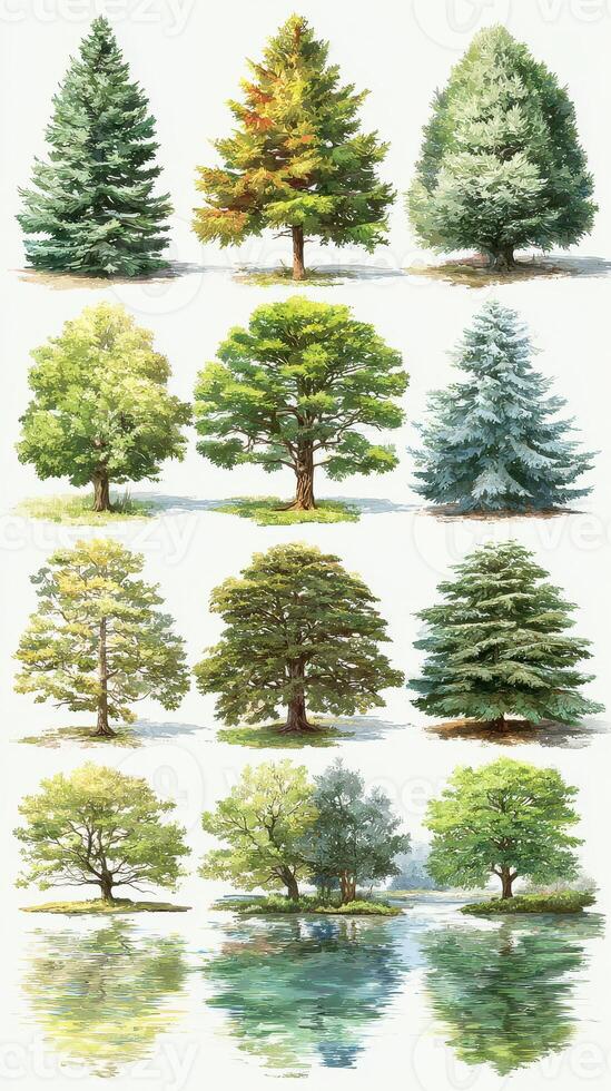 Various tree species showcasing seasonal changes and reflections in a serene environment photo