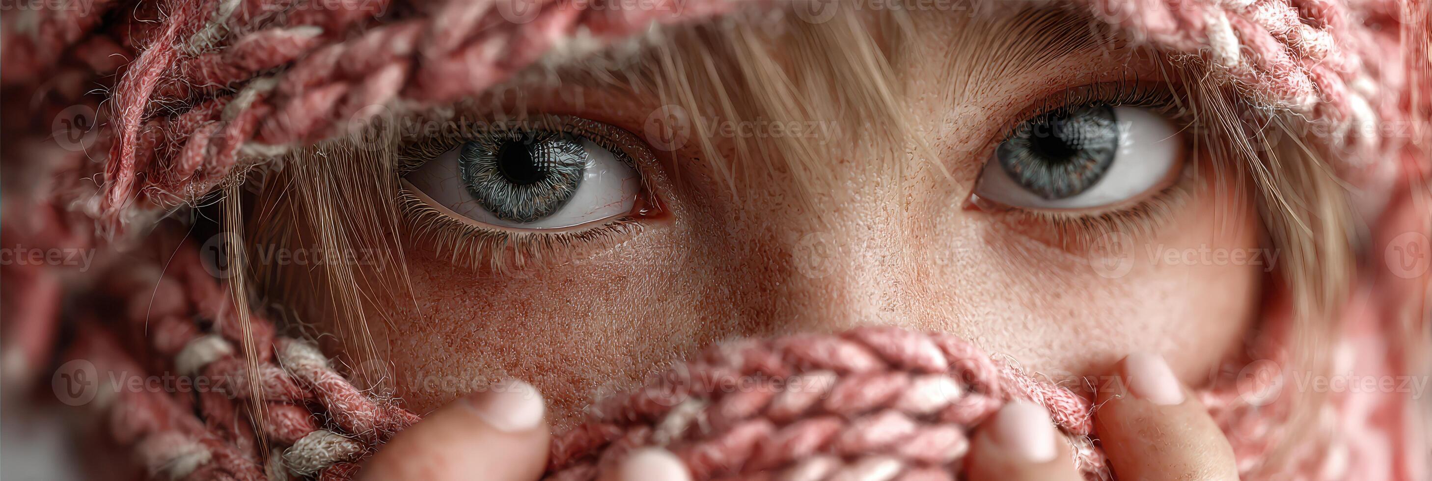 Captivating gaze of a young person wrapped in a knitted scarf during a chilly season in a cozy indoor setting photo