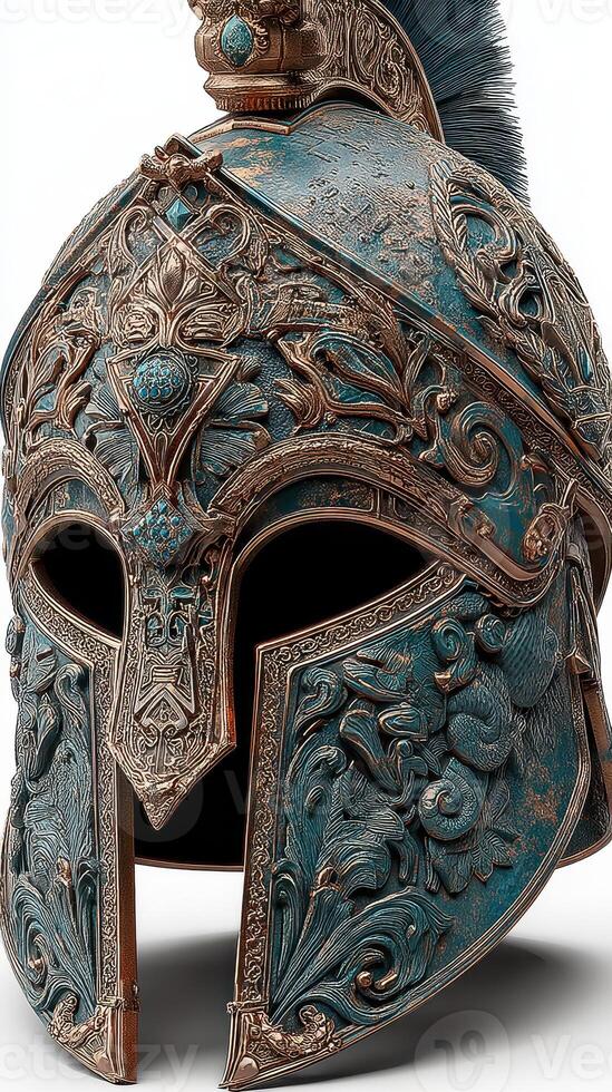 Intricate warrior helmet showcases ancient craftsmanship and detailed artistry in a modern design photo