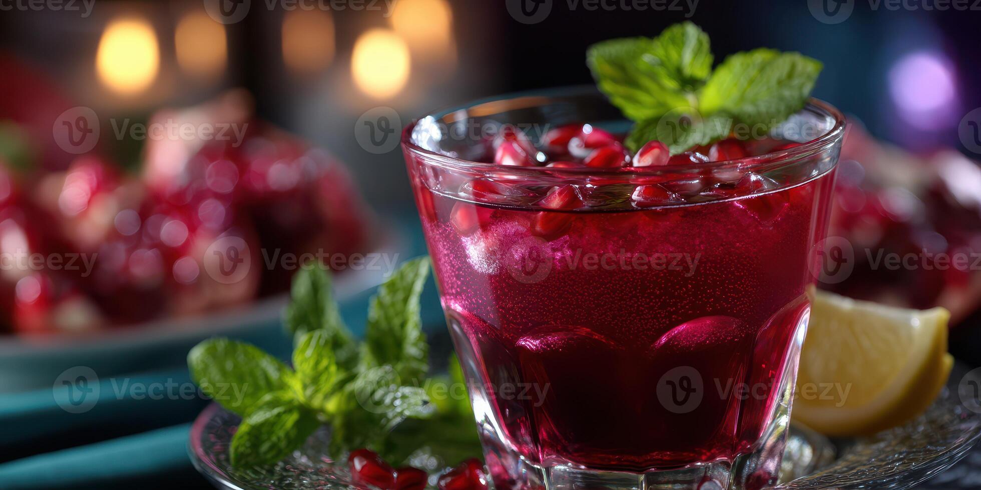 Refreshing pomegranate drink with mint and lemon served in a glass on silver plate during an evening gathering photo