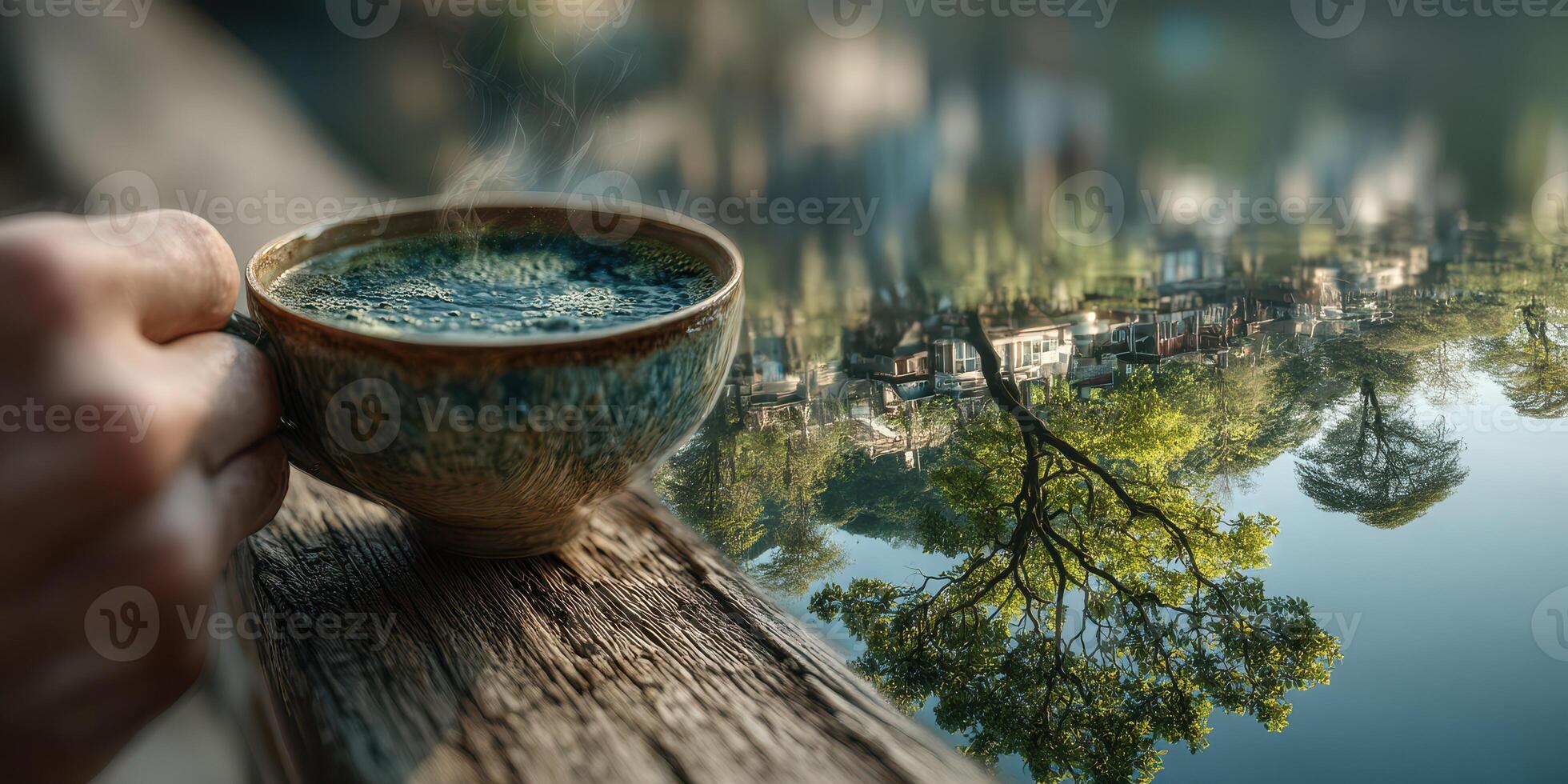 Enjoying a warm drink by the serene lakeside at dawn with mist rising and reflections of nature photo