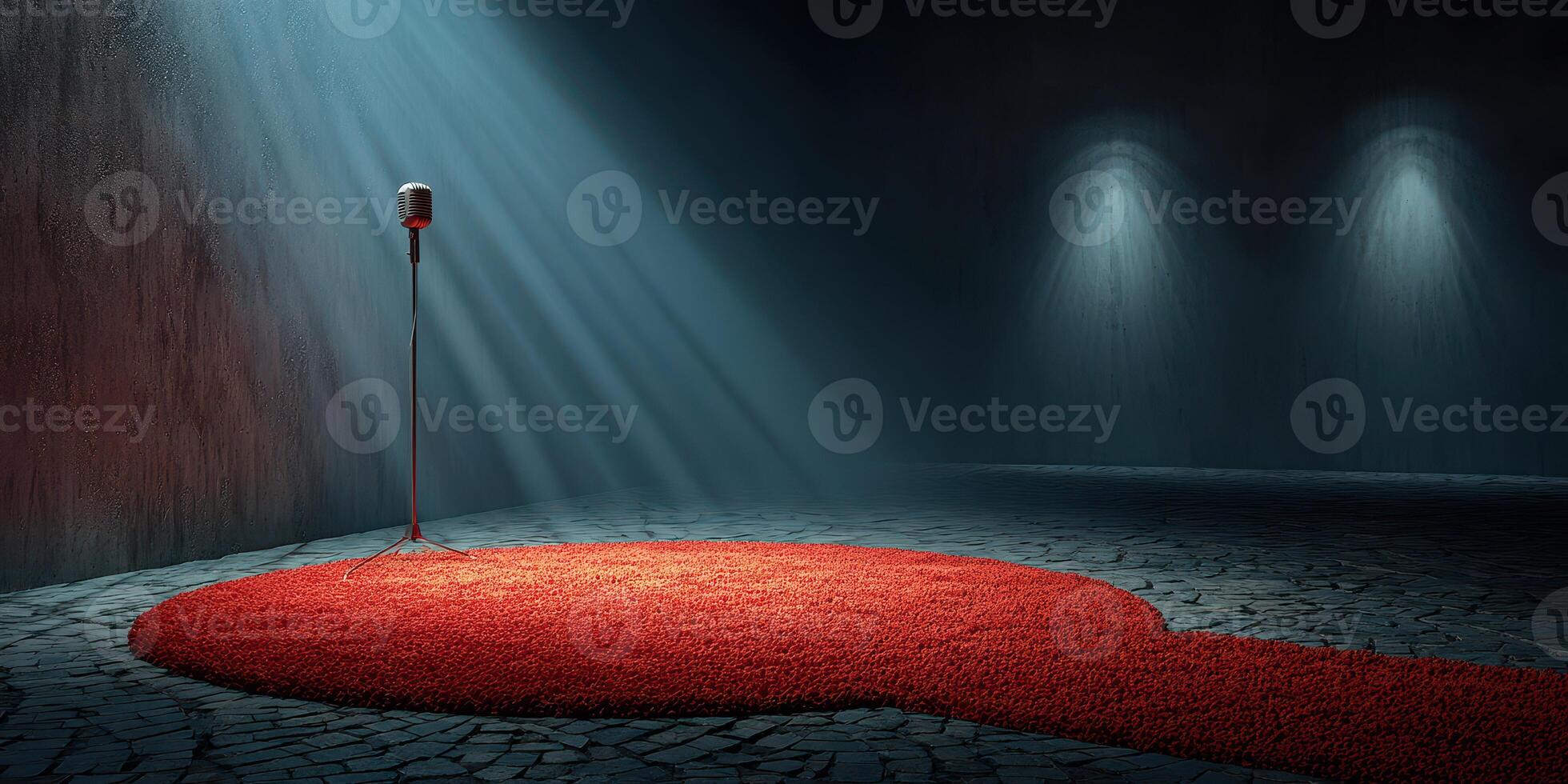 Spotlight on a single microphone on red carpet in an intimate performance space with dim lights and textured walls photo