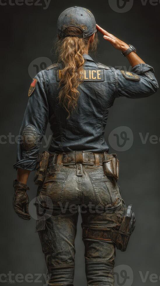 Police officer saluting in uniform, showcasing dedication in a studio setting with dramatic lighting photo