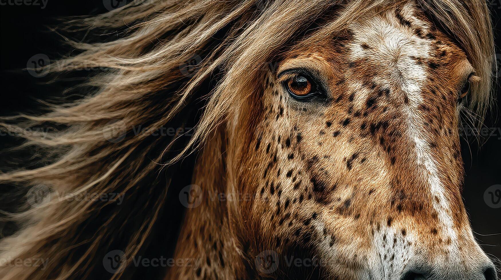 Close-up of a beautiful horse with flowing mane under soft lighting capturing the grace of equine beauty in a serene environment photo