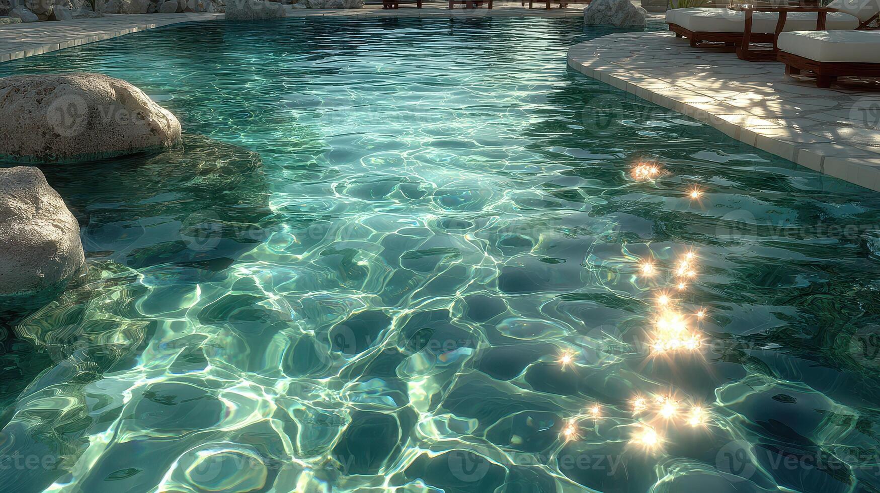 Serene swimming pool with glimmering water reflections on a sunny day in a luxurious resort setting photo