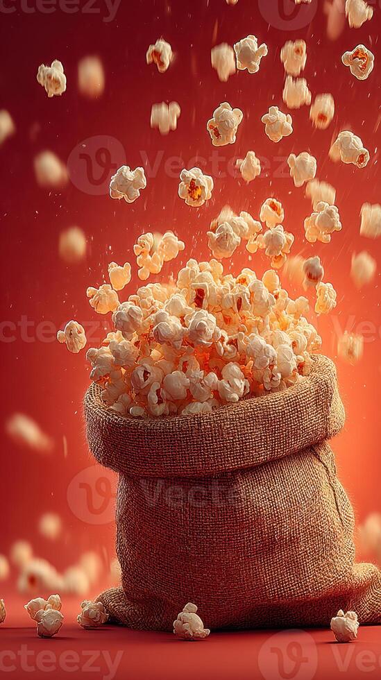 Delicious popped corn spills from a burlap sack against a vibrant red background creating a playful atmosphere photo