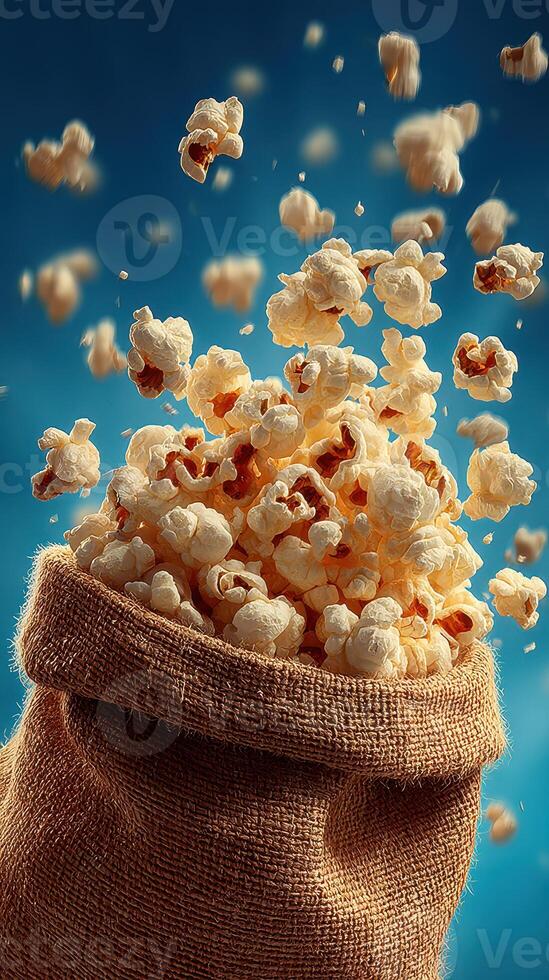 Popcorn bursts from a burlap sack creating a fun and exciting moment in a vibrant atmosphere photo