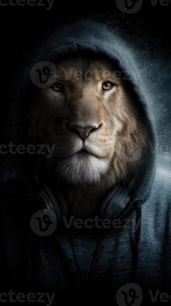 Majestic lion wearing a hooded sweatshirt and headphones in a dark, atmospheric setting photo