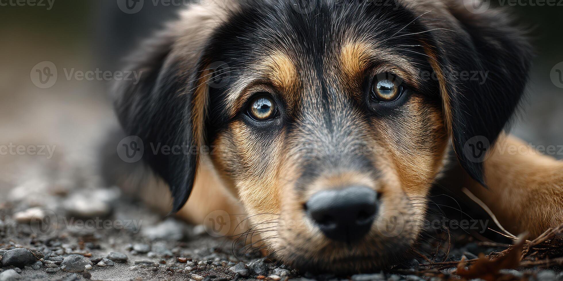Puppy resting on gravel with striking blue eyes in a peaceful outdoor setting during daylight photo