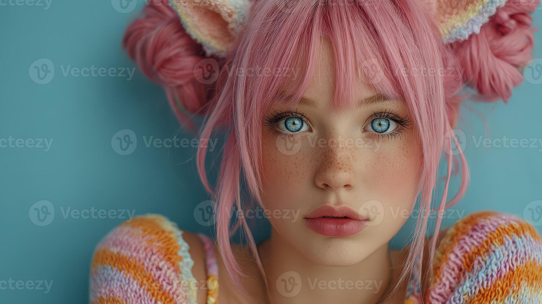 Young girl with pink hair and cat ears posing against a blue background in vibrant clothing photo