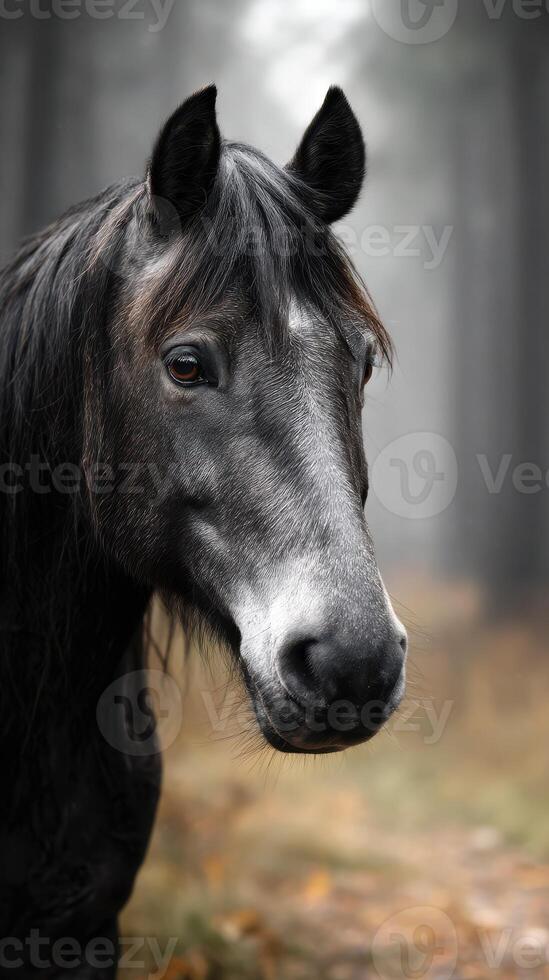 Majestic black horse with striking features in a serene forest during a foggy morning photo