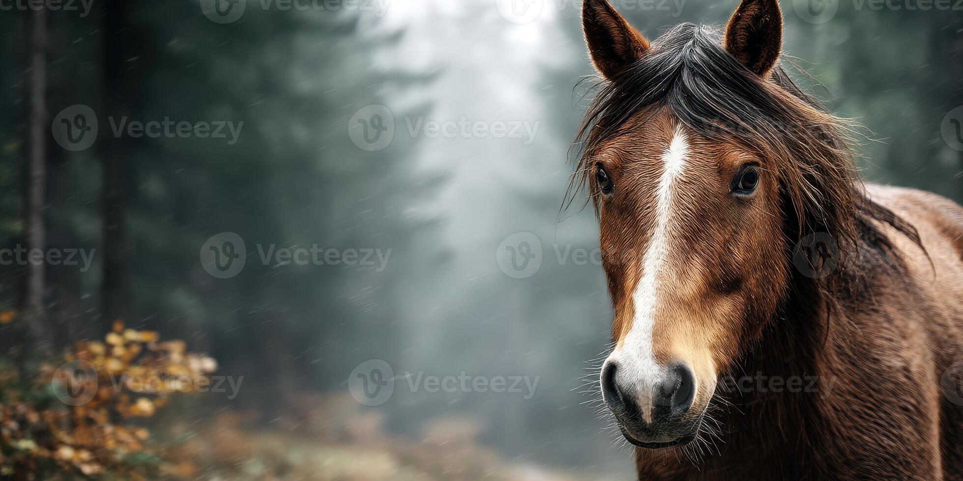 Majestic brown horse standing in a misty forest during early morning light with soft trees in the background photo