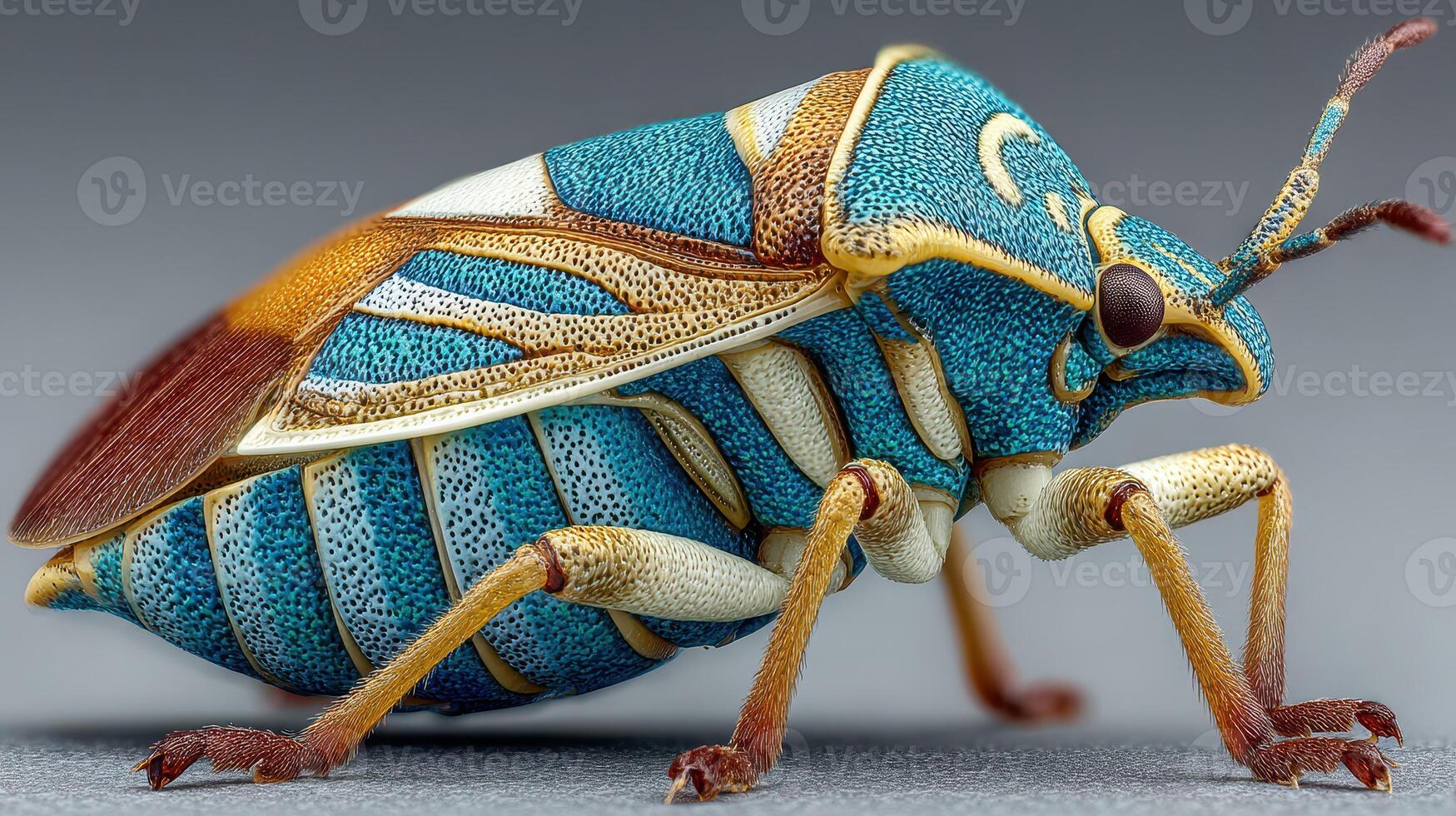 Colorful insect with intricate patterns resting on a surface in a close-up shot showcasing its unique features photo