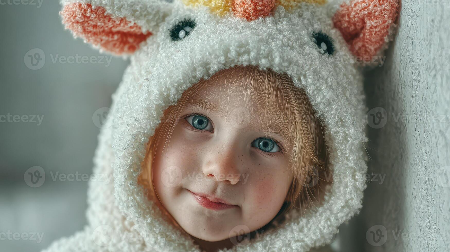 Young child in fluffy unicorn hoodie smiles while leaning against a wall in a cozy indoor setting photo