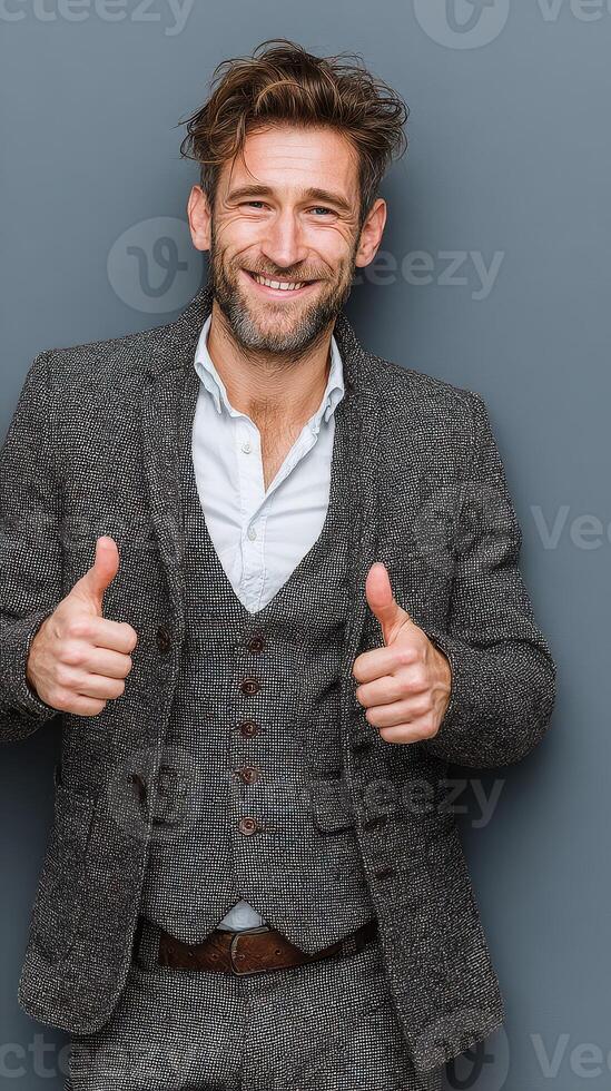 Man in stylish gray suit gives thumbs up in front of blue backdrop, showcasing confidence and approachability during a photoshoot photo