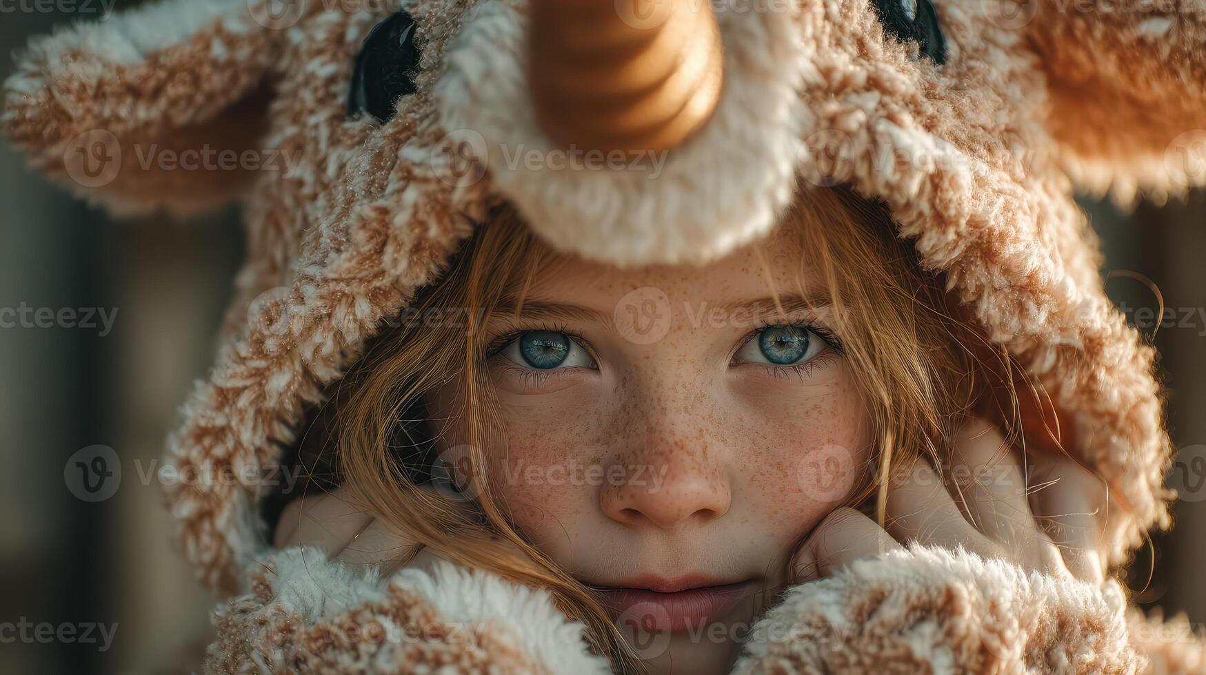 Young child in cozy animal hoodie gazes curiously at the camera in a warm, inviting outdoor setting during golden hour photo