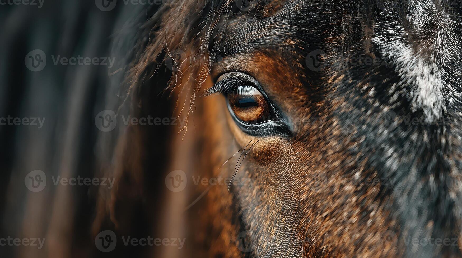 Close-up of a horse's eye, showcasing its intricate details and warm tones, in a serene outdoor setting during the golden hour photo