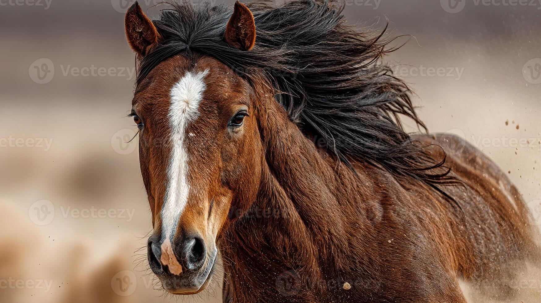 Majestic brown horse galloping in the open field under a clear sky during golden hour photo