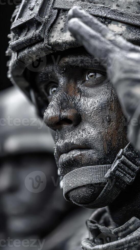 Soldier saluting with determination during training exercise in a military environment at sunrise photo