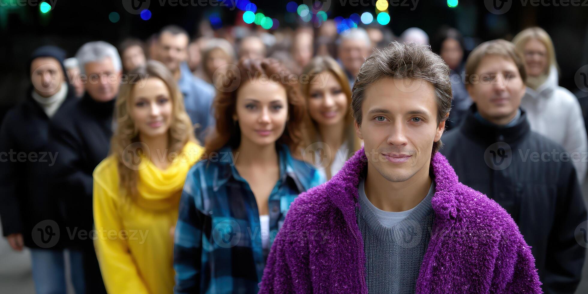 Group of diverse people walking together at night in a city vibrant with colorful lights photo