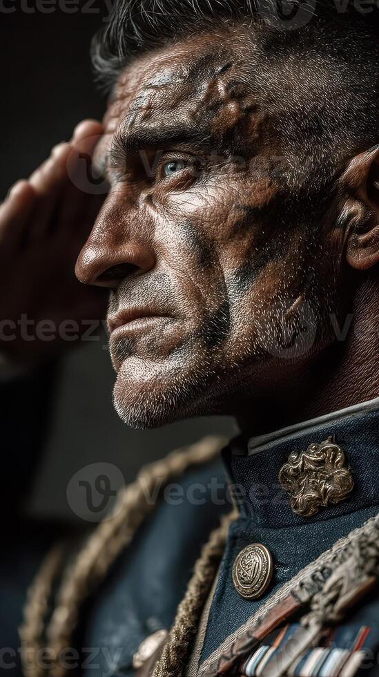 Veteran saluting with pride, showing resilience and bravery in a military uniform with detailed decorations photo